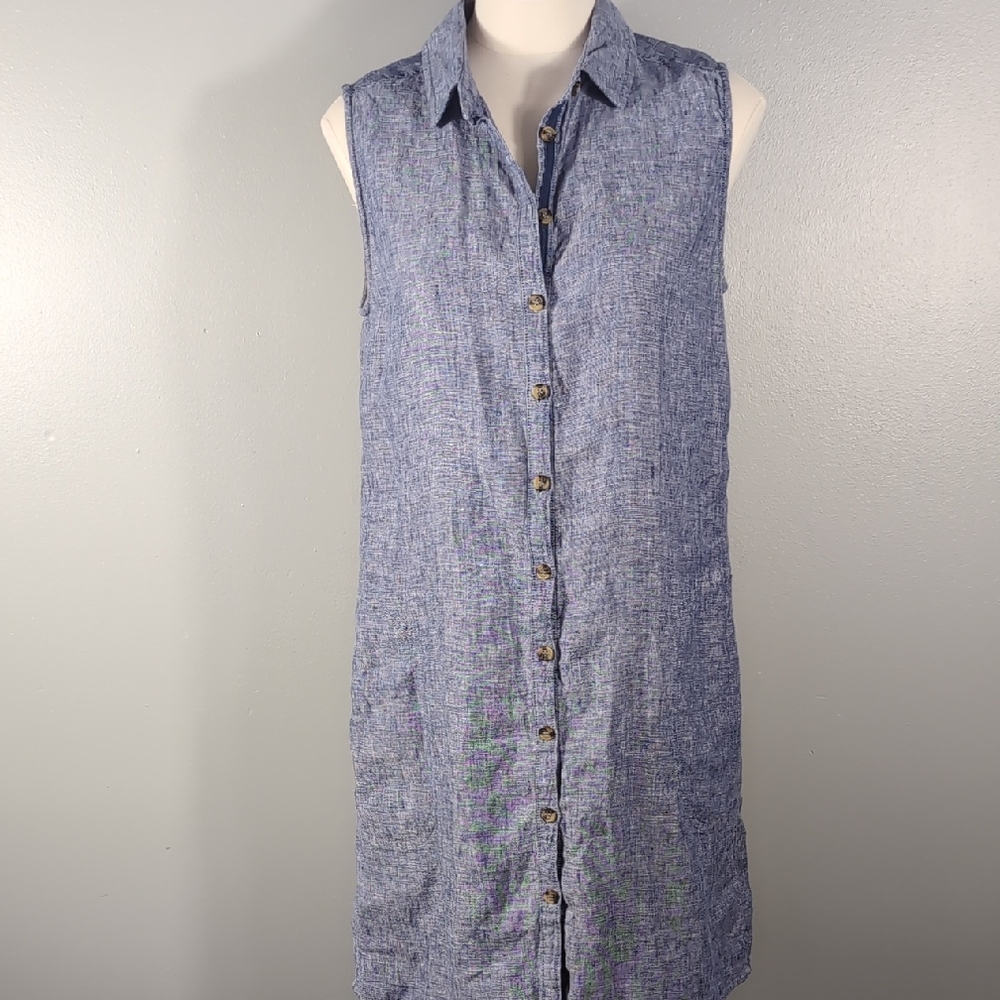 Tahari Sleeveless 100% Linen Blue Dress W/Pockets, M.
